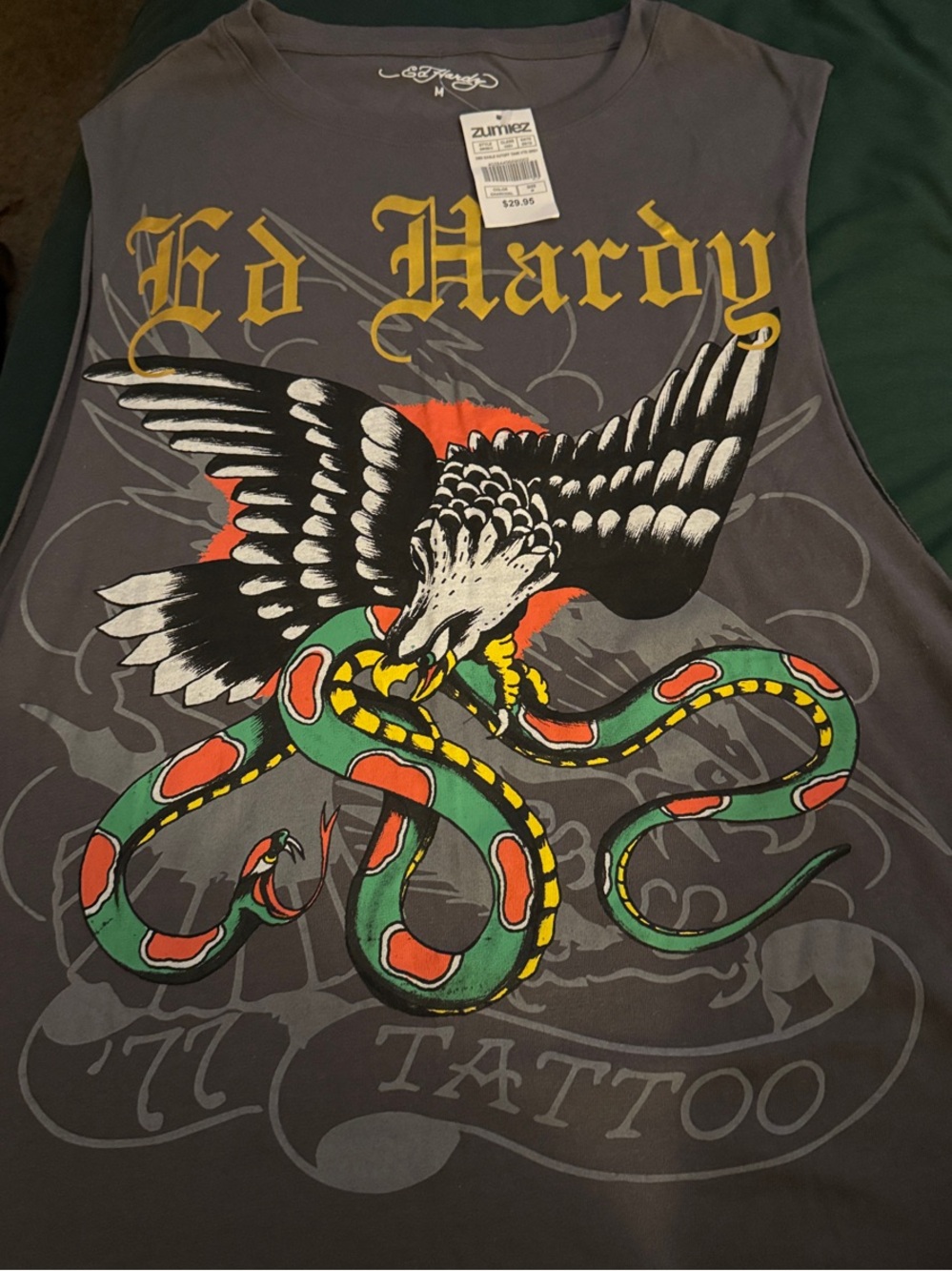 Ed Hardy Grey Sleeveless Muscle Tee with Green & Red Snake **NEW